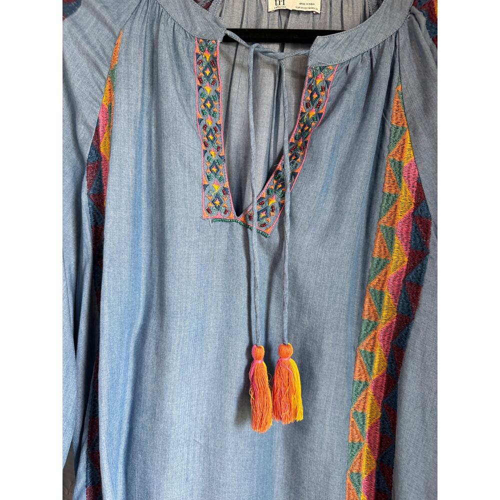 Zara TRF Embroidered Boho Tunic Top Blue Chambray Peasant Tassel Medium M Folk - Picture 5 of 8